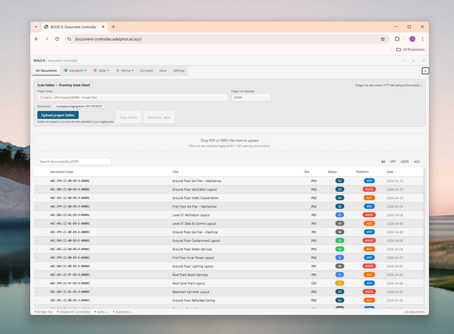 Document Controller interface showing transmittal register with revision tracking and status badges