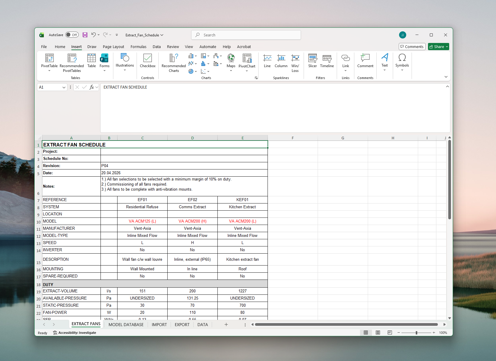 Schedule Builder interface showing a fan schedule extracted from a live Revit model